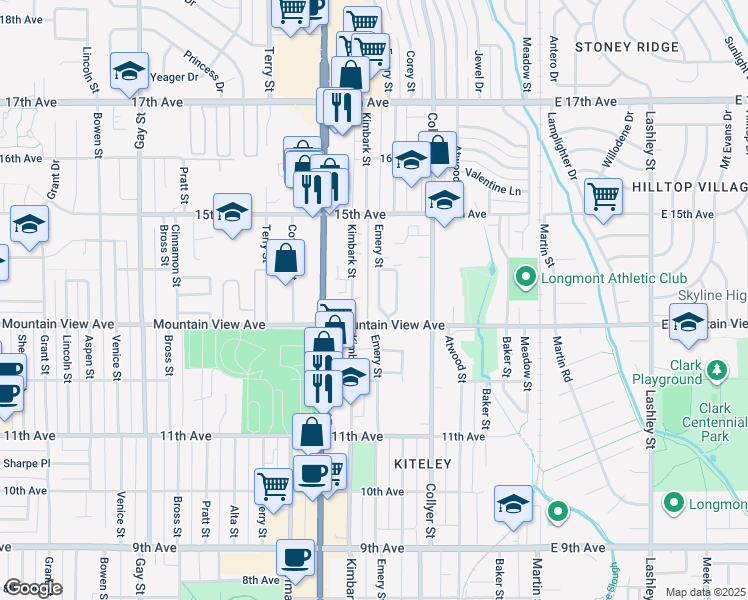 map of restaurants, bars, coffee shops, grocery stores, and more near 1329 Emery Street in Longmont