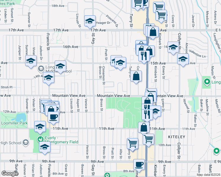 map of restaurants, bars, coffee shops, grocery stores, and more near 1013 Townley Circle in Longmont