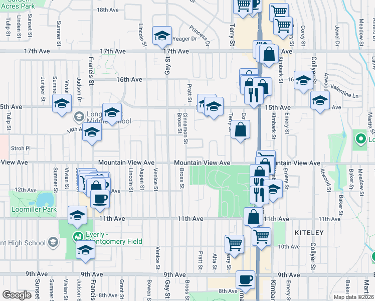 map of restaurants, bars, coffee shops, grocery stores, and more near 1013 Townley Circle in Longmont