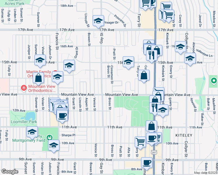 map of restaurants, bars, coffee shops, grocery stores, and more near 1318 Gay Street in Longmont