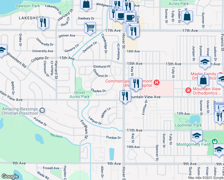 map of restaurants, bars, coffee shops, grocery stores, and more near 1309 Hover Street in Longmont