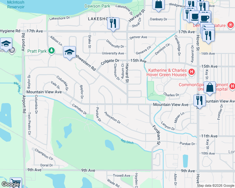 map of restaurants, bars, coffee shops, grocery stores, and more near 6 Princeton Circle in Longmont