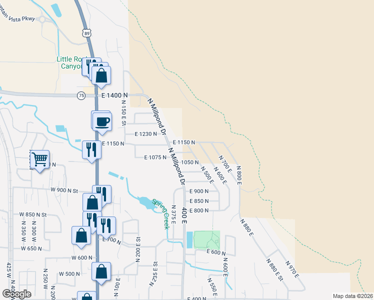 map of restaurants, bars, coffee shops, grocery stores, and more near 497 East 1100 North in Springville