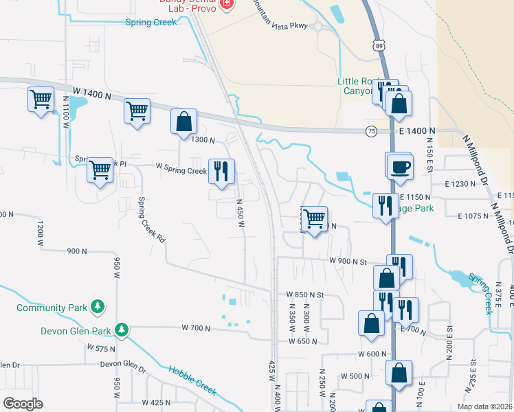 map of restaurants, bars, coffee shops, grocery stores, and more near 1086 North 450 West in Springville