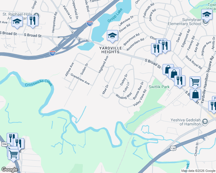 map of restaurants, bars, coffee shops, grocery stores, and more near 34 Mae Drive in Hamilton Township