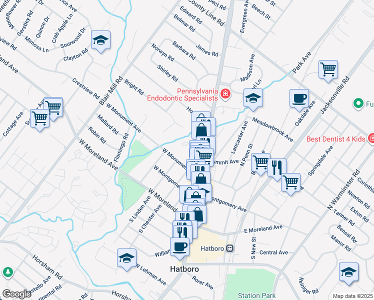 map of restaurants, bars, coffee shops, grocery stores, and more near 16 Concord Place in Hatboro