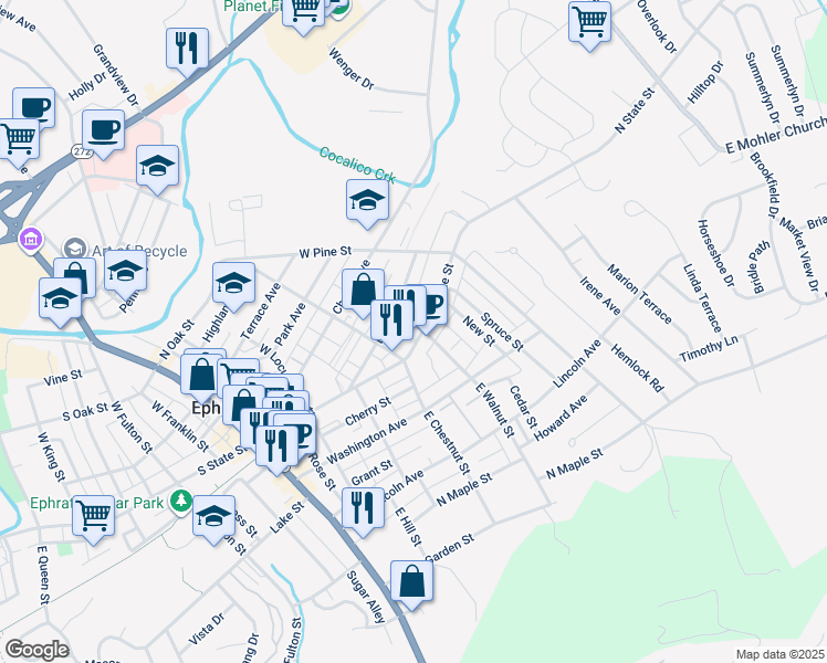 map of restaurants, bars, coffee shops, grocery stores, and more near 324 North State Street in Ephrata