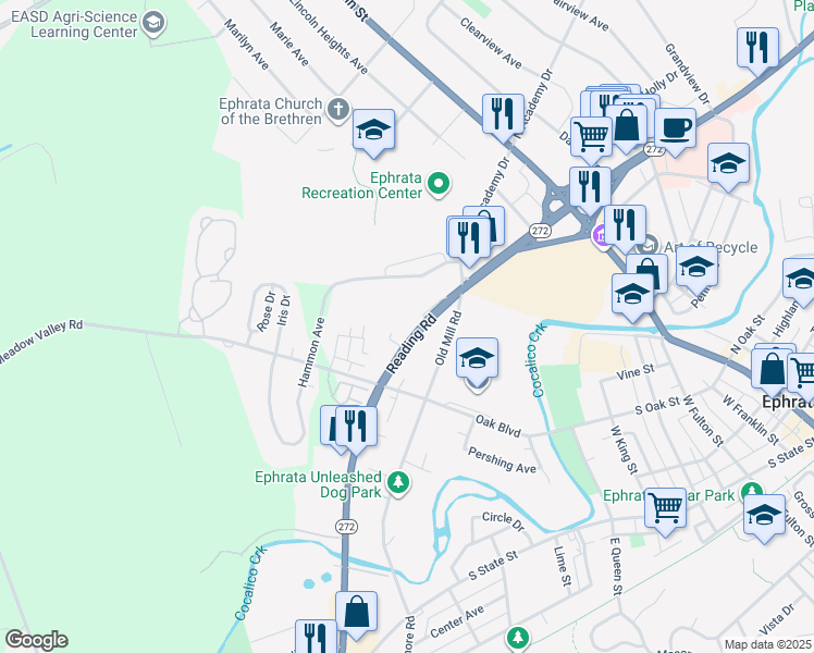 map of restaurants, bars, coffee shops, grocery stores, and more near 221 South Reading Road in Ephrata