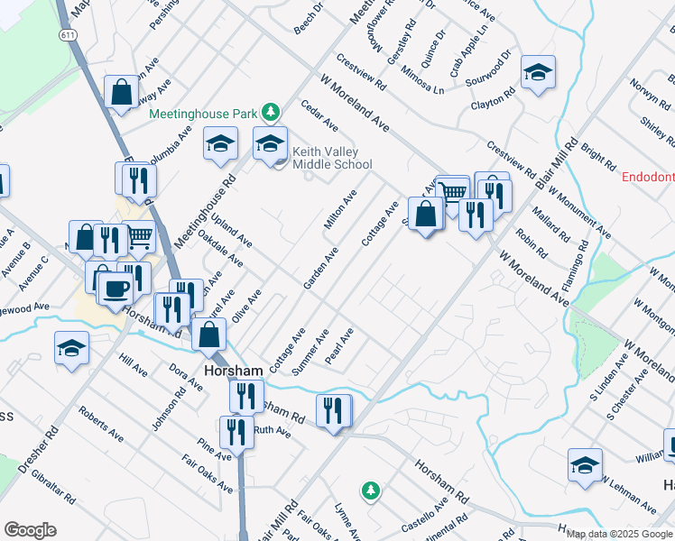 map of restaurants, bars, coffee shops, grocery stores, and more near 250 Cottage Avenue in Horsham