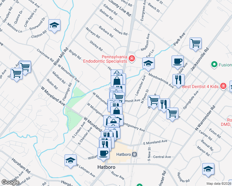 map of restaurants, bars, coffee shops, grocery stores, and more near 308 Pennsylvania 263 in Hatboro