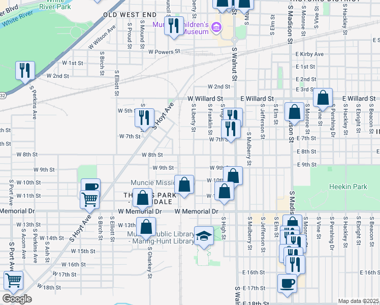map of restaurants, bars, coffee shops, grocery stores, and more near 402 West 8th Street in Muncie
