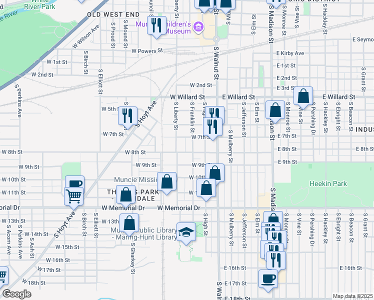 map of restaurants, bars, coffee shops, grocery stores, and more near 308 West 8th Street in Muncie