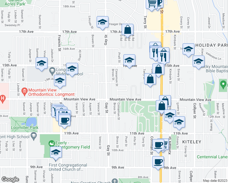 map of restaurants, bars, coffee shops, grocery stores, and more near 1333 Cinnamon Street in Longmont