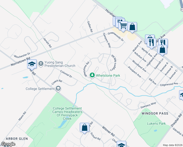 map of restaurants, bars, coffee shops, grocery stores, and more near 5 Ember Lane in Horsham