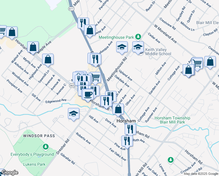 map of restaurants, bars, coffee shops, grocery stores, and more near 470 Easton Road in Horsham