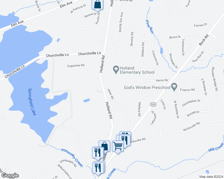 map of restaurants, bars, coffee shops, grocery stores, and more near 22 Hope Road in Holland