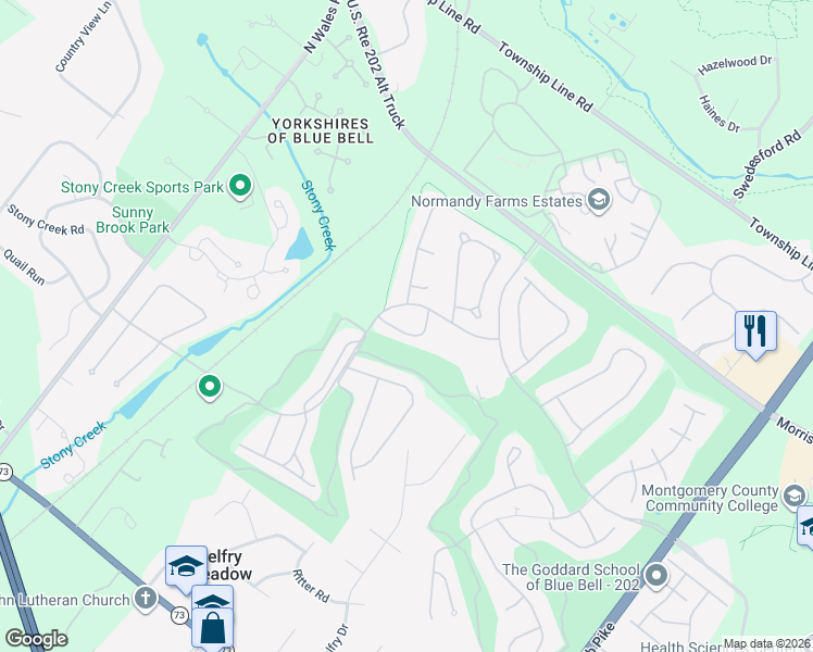 map of restaurants, bars, coffee shops, grocery stores, and more near 140 Medinah Drive in Blue Bell