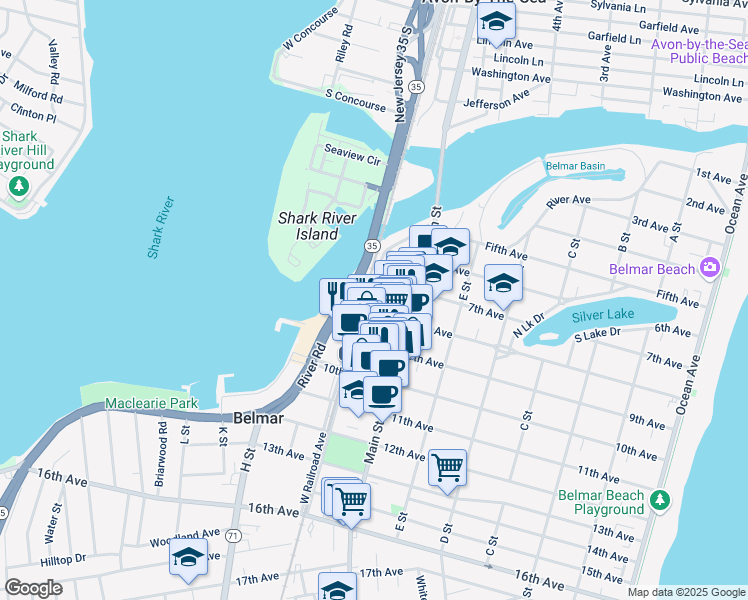 map of restaurants, bars, coffee shops, grocery stores, and more near 710 8th Avenue in Belmar