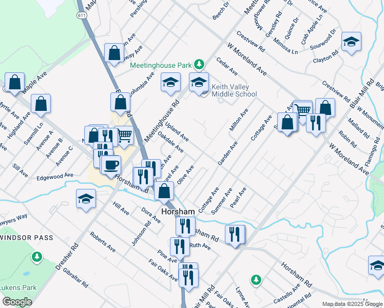 map of restaurants, bars, coffee shops, grocery stores, and more near 226 Oakdale Ave in Horsham