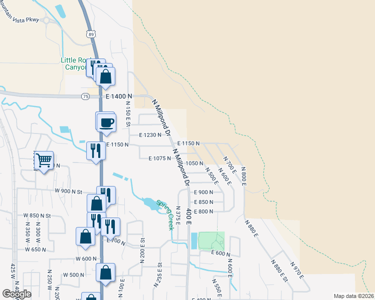 map of restaurants, bars, coffee shops, grocery stores, and more near 497 East 1100 North in Springville