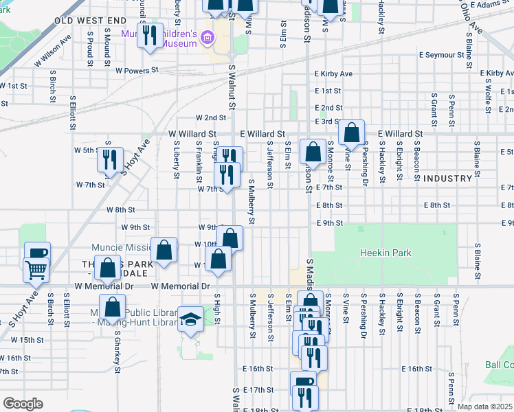map of restaurants, bars, coffee shops, grocery stores, and more near 224 East 8th Street in Muncie