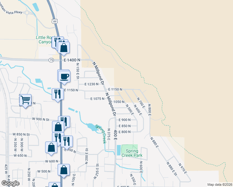 map of restaurants, bars, coffee shops, grocery stores, and more near 497 East 1100 North in Springville