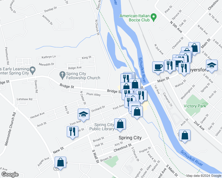 map of restaurants, bars, coffee shops, grocery stores, and more near 135 Bridge Street in Spring City