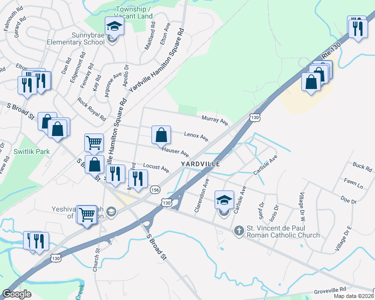 map of restaurants, bars, coffee shops, grocery stores, and more near 30 Hauser Avenue in Hamilton Township