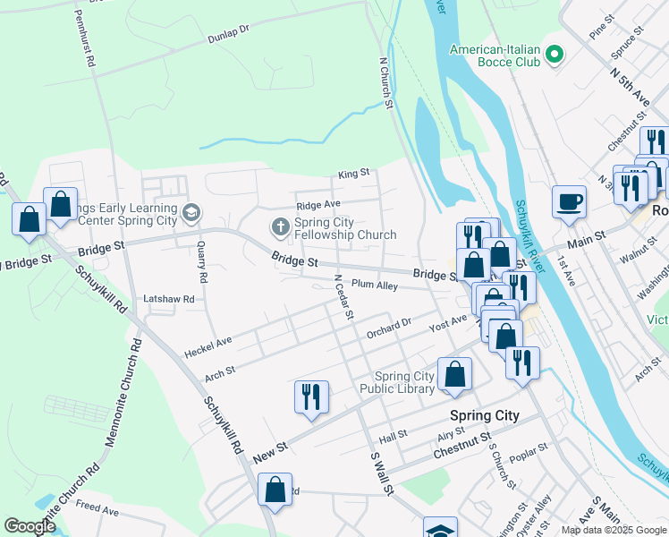 map of restaurants, bars, coffee shops, grocery stores, and more near 402 Bridge Street in Spring City