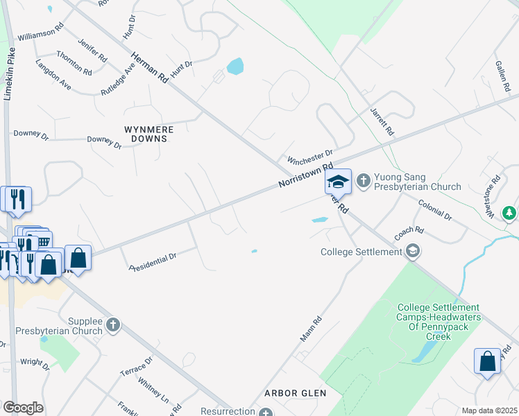 map of restaurants, bars, coffee shops, grocery stores, and more near 625 Norristown Road in Horsham