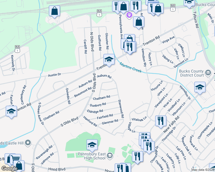 map of restaurants, bars, coffee shops, grocery stores, and more near 204 Brentwood Road in Fairless Hills