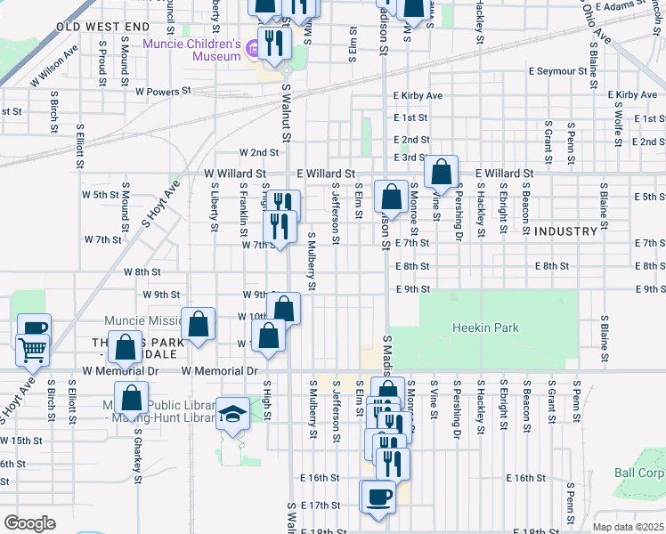 map of restaurants, bars, coffee shops, grocery stores, and more near 224 East 8th Street in Muncie