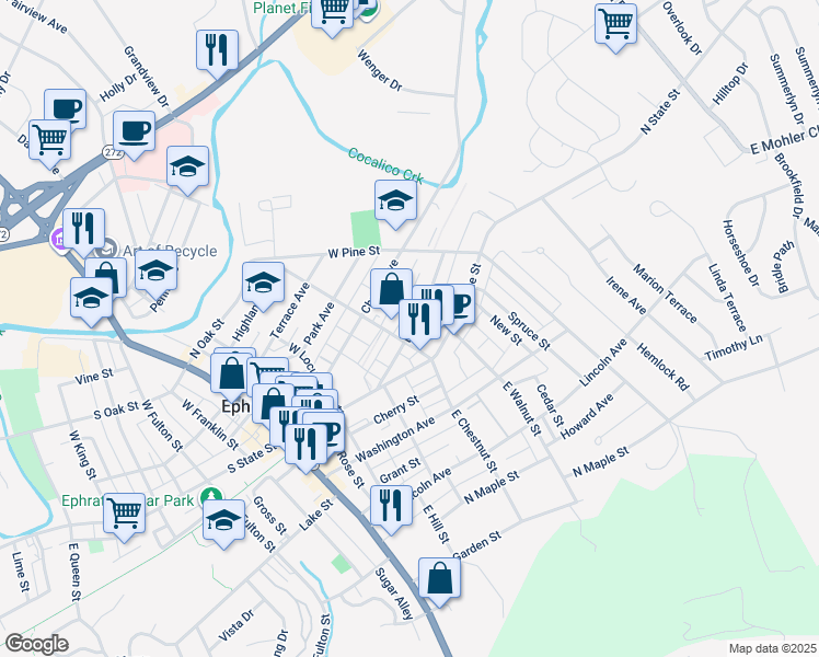 map of restaurants, bars, coffee shops, grocery stores, and more near 264 Duke Street in Ephrata