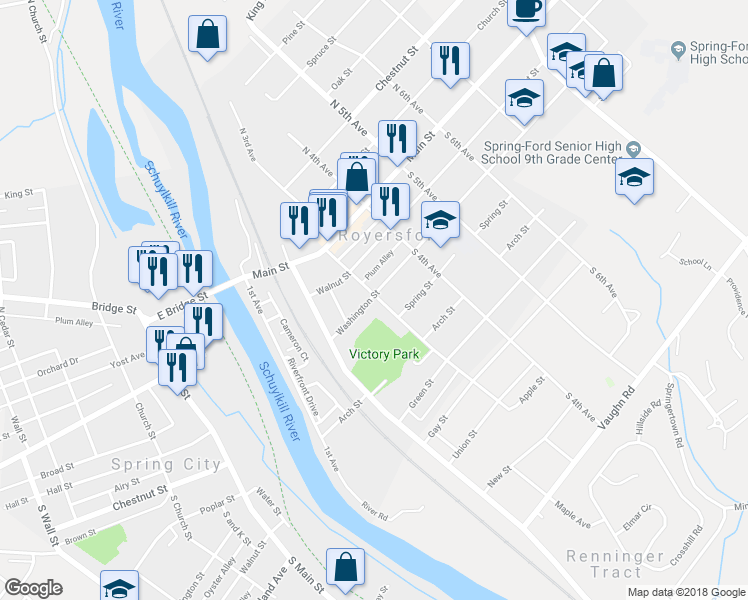 map of restaurants, bars, coffee shops, grocery stores, and more near 209 South 3rd Avenue in Royersford