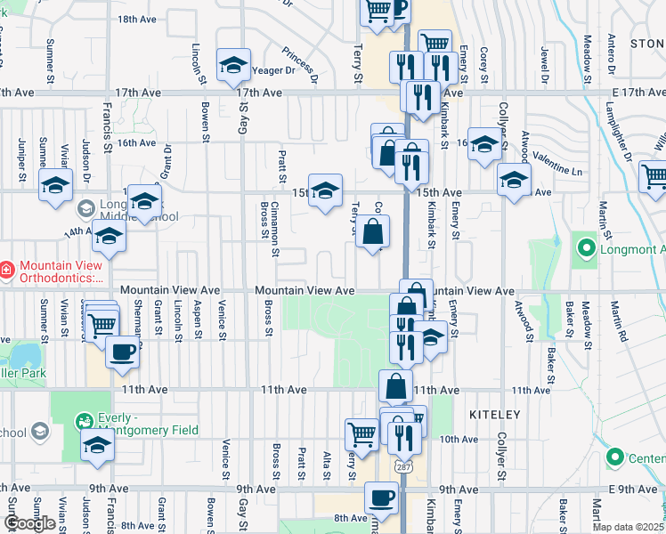 map of restaurants, bars, coffee shops, grocery stores, and more near 900 Mountain View Avenue in Longmont