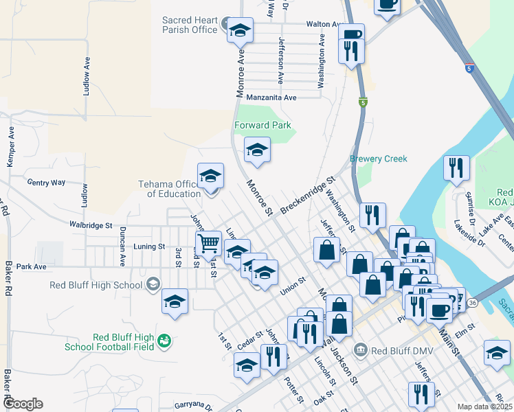 map of restaurants, bars, coffee shops, grocery stores, and more near 1447 Monroe Street in Red Bluff