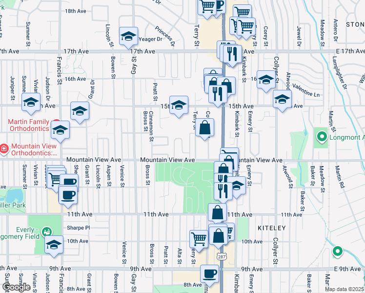 map of restaurants, bars, coffee shops, grocery stores, and more near 900 Mountain View Avenue in Longmont
