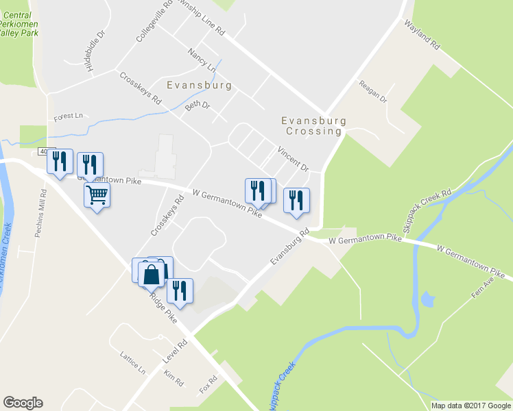 map of restaurants, bars, coffee shops, grocery stores, and more near 3843 Germantown Pike in Collegeville