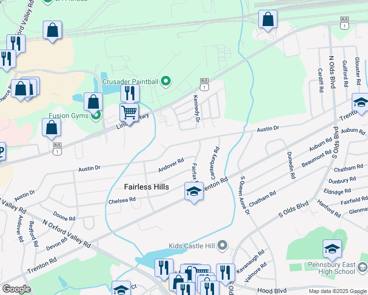 map of restaurants, bars, coffee shops, grocery stores, and more near 454 Austin Drive in Fairless Hills