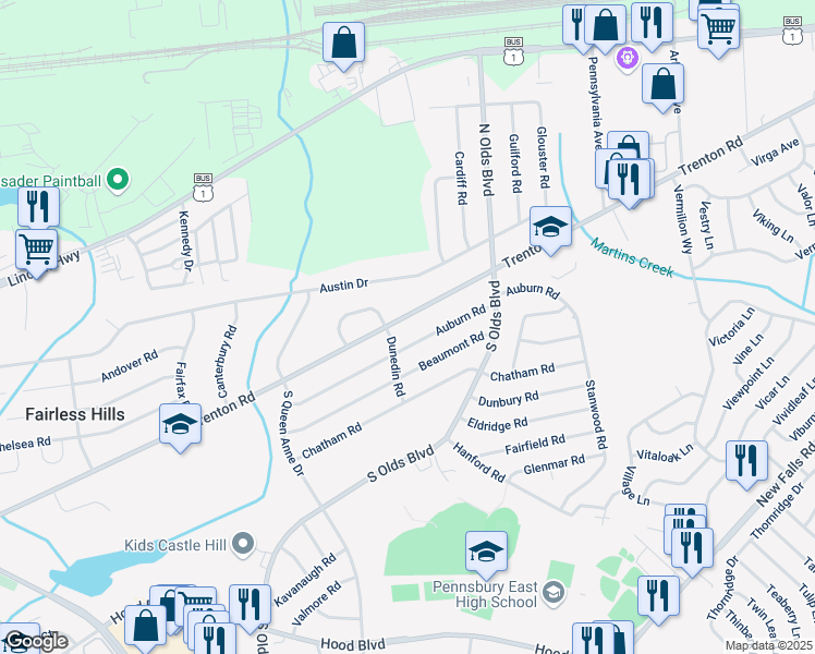 map of restaurants, bars, coffee shops, grocery stores, and more near 100 Dunedin Road in Fairless Hills
