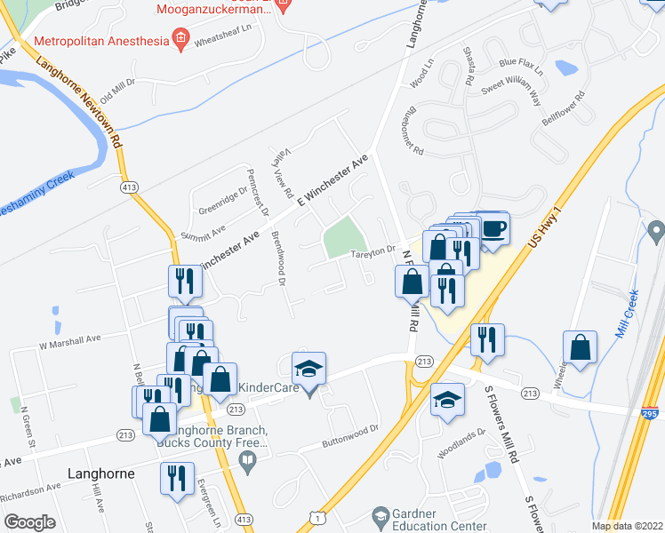 map of restaurants, bars, coffee shops, grocery stores, and more near 261 Tareyton Drive in Langhorne
