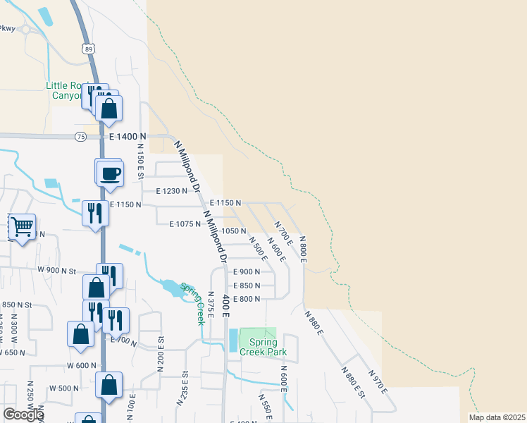map of restaurants, bars, coffee shops, grocery stores, and more near 1087 North 600 East in Springville