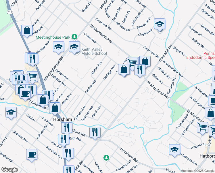 map of restaurants, bars, coffee shops, grocery stores, and more near 241 Summer Avenue in Horsham