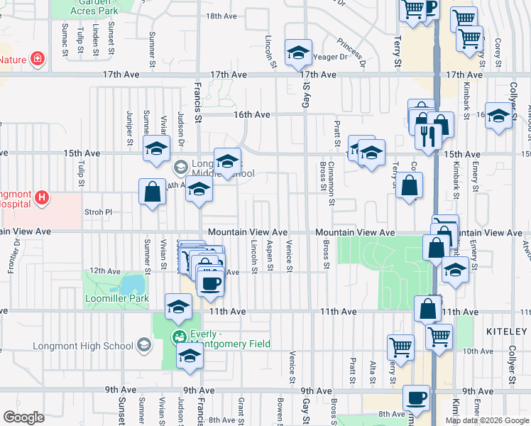 map of restaurants, bars, coffee shops, grocery stores, and more near 1251 Aspen Street in Longmont