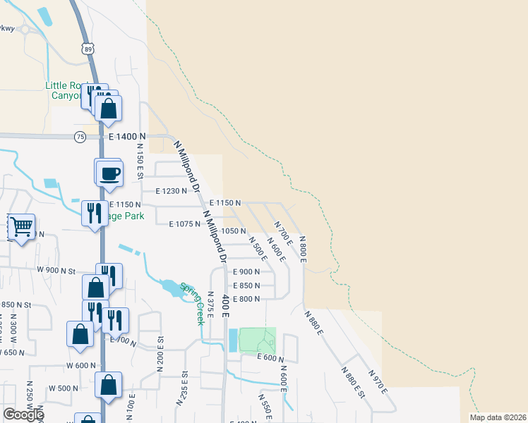 map of restaurants, bars, coffee shops, grocery stores, and more near 1083 North 700 East in Springville