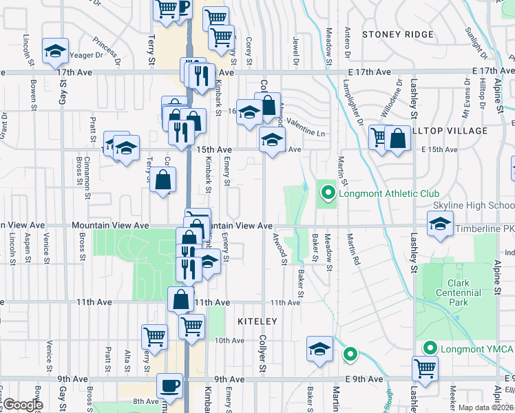 map of restaurants, bars, coffee shops, grocery stores, and more near 1328 Collyer Street in Longmont