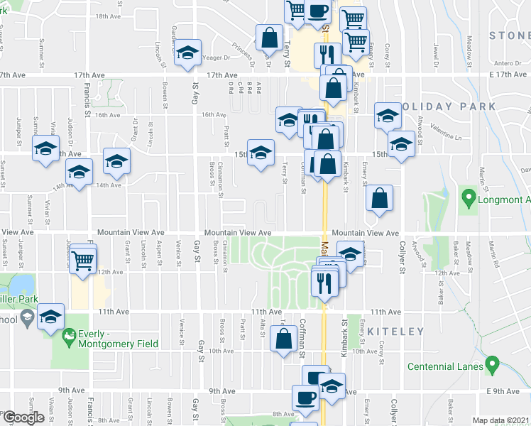 map of restaurants, bars, coffee shops, grocery stores, and more near 900 Mountain View Avenue in Longmont