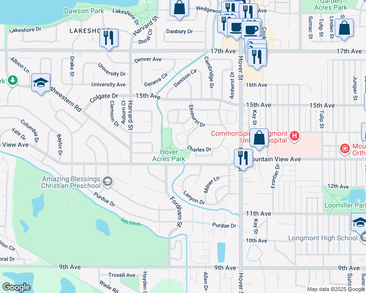 map of restaurants, bars, coffee shops, grocery stores, and more near 1361 Charles Drive in Longmont