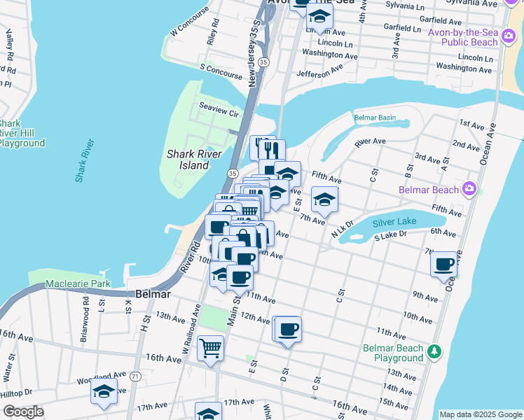 map of restaurants, bars, coffee shops, grocery stores, and more near 705 Main Street in Belmar