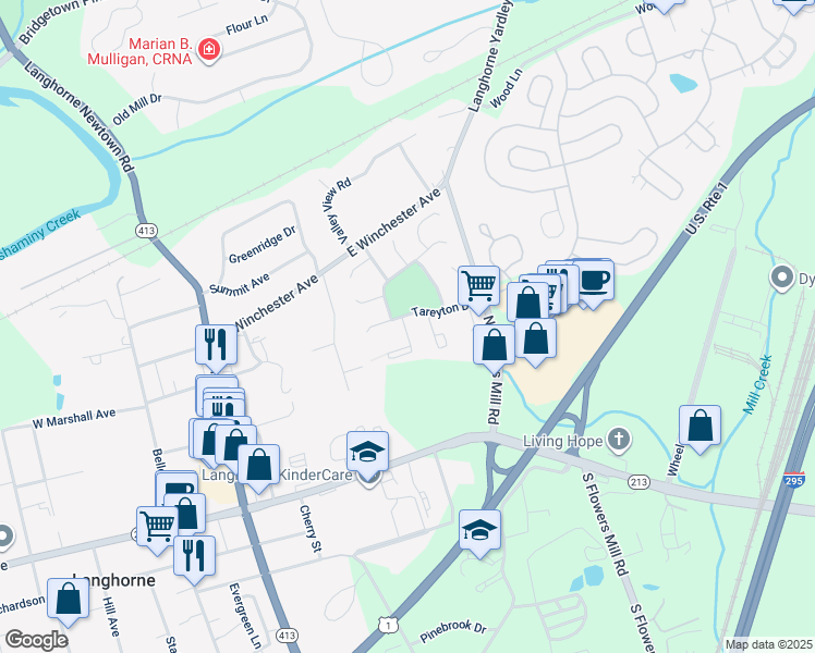 map of restaurants, bars, coffee shops, grocery stores, and more near 261 Tareyton Drive in Langhorne